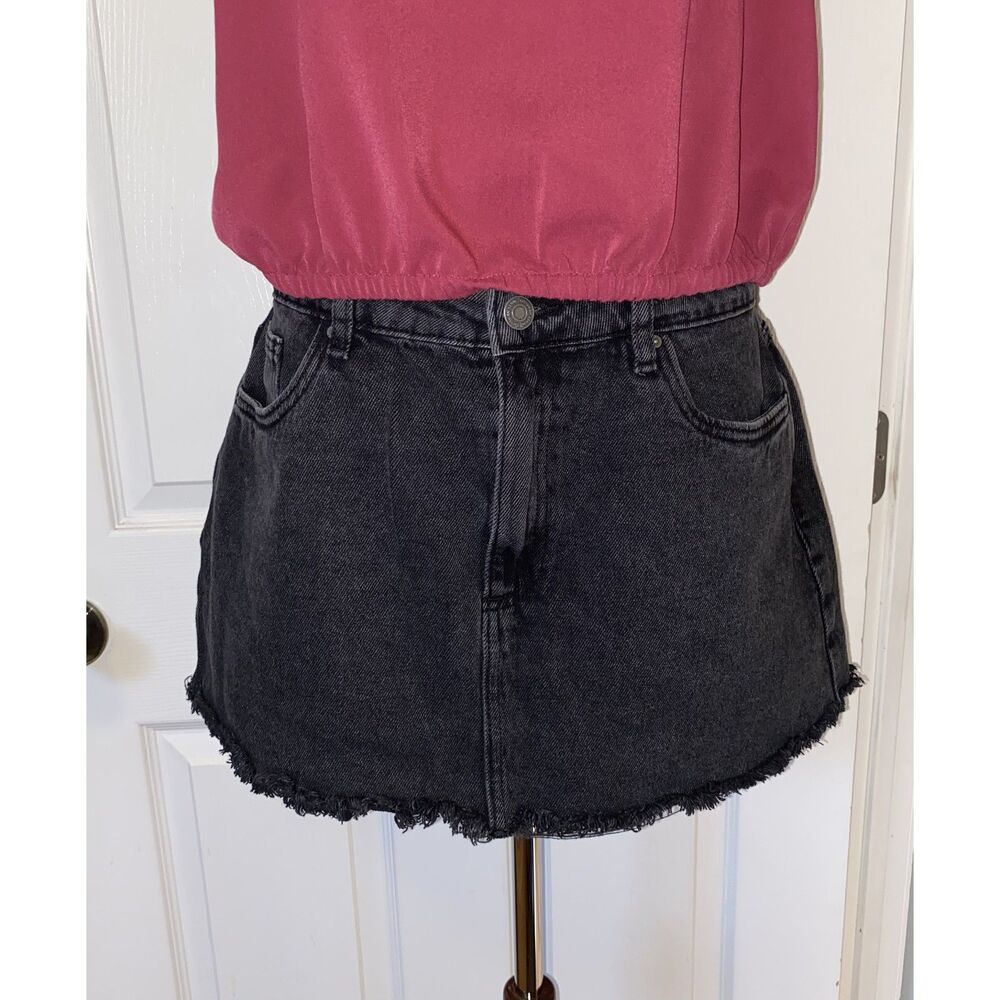 Cotton On Black Washed Denim Mini Skirt Size 32 Frayed Hem